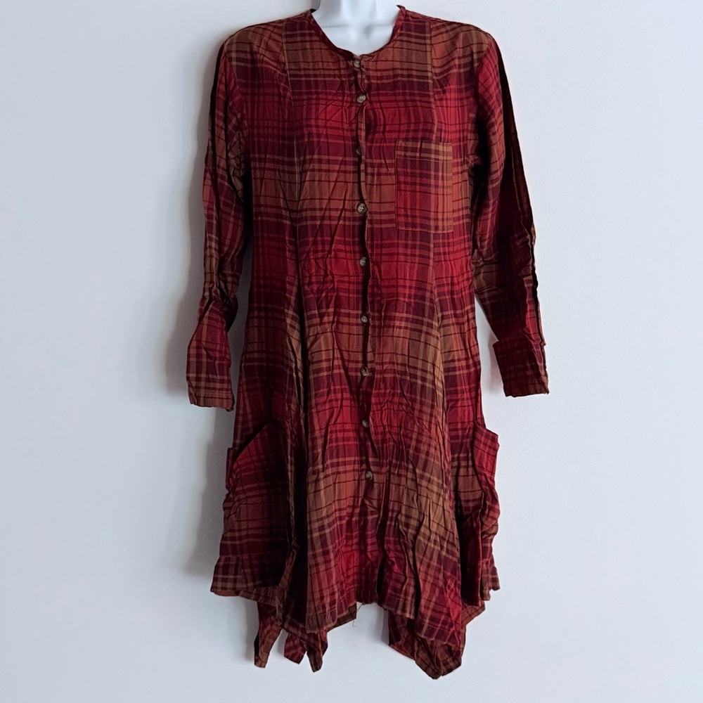 Marithe Francois Girbaud Vintage Plaid Lon Sleeve Handkerchief Hem Dress
